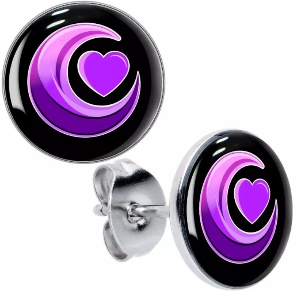 Crescent Moon Heart Stud Earrings